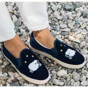 Soludos Velvet Sheep Sneaker Embroidered Metallic Stars Slip-Ons Shoes, Blue